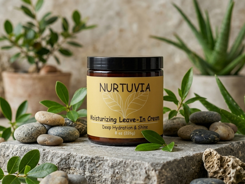 Nurtuvia moisturizing leave-in cream jar on a stone surface with plants and stones in the background