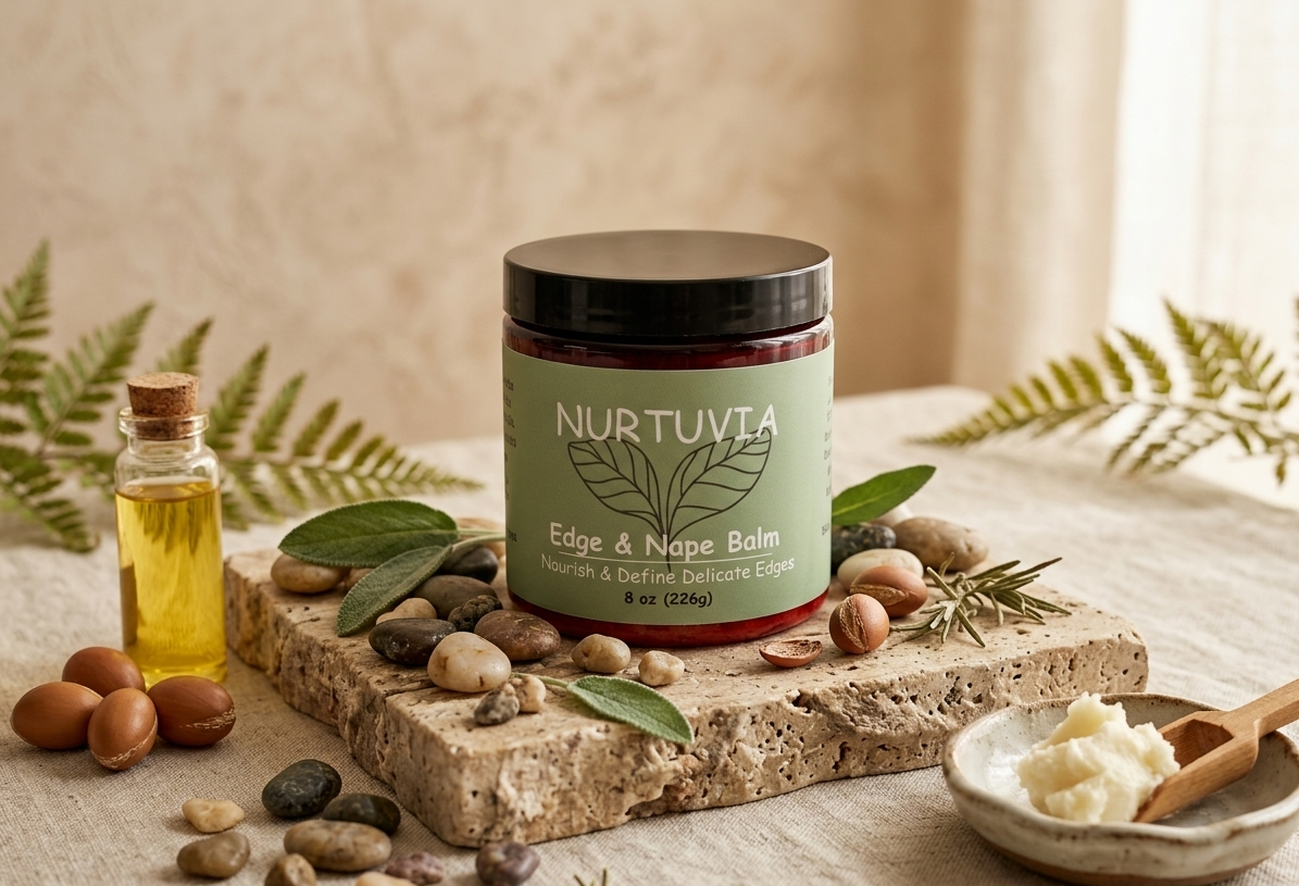 Nurtuvia edge and nose balm jar with ingredients on a natural setting