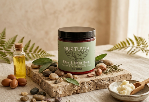 Nurtuvia edge and nose balm jar with ingredients on a natural setting