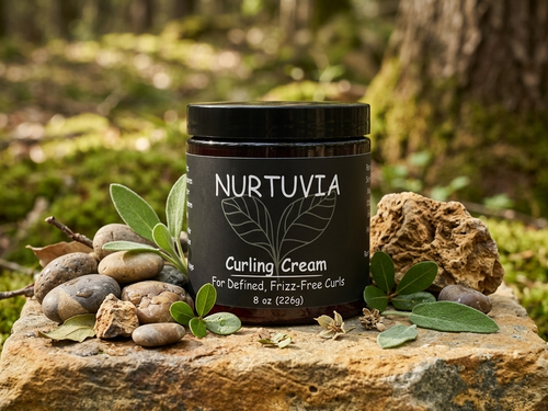 Nurtuvia Curling Cream jar on a rock with natural background